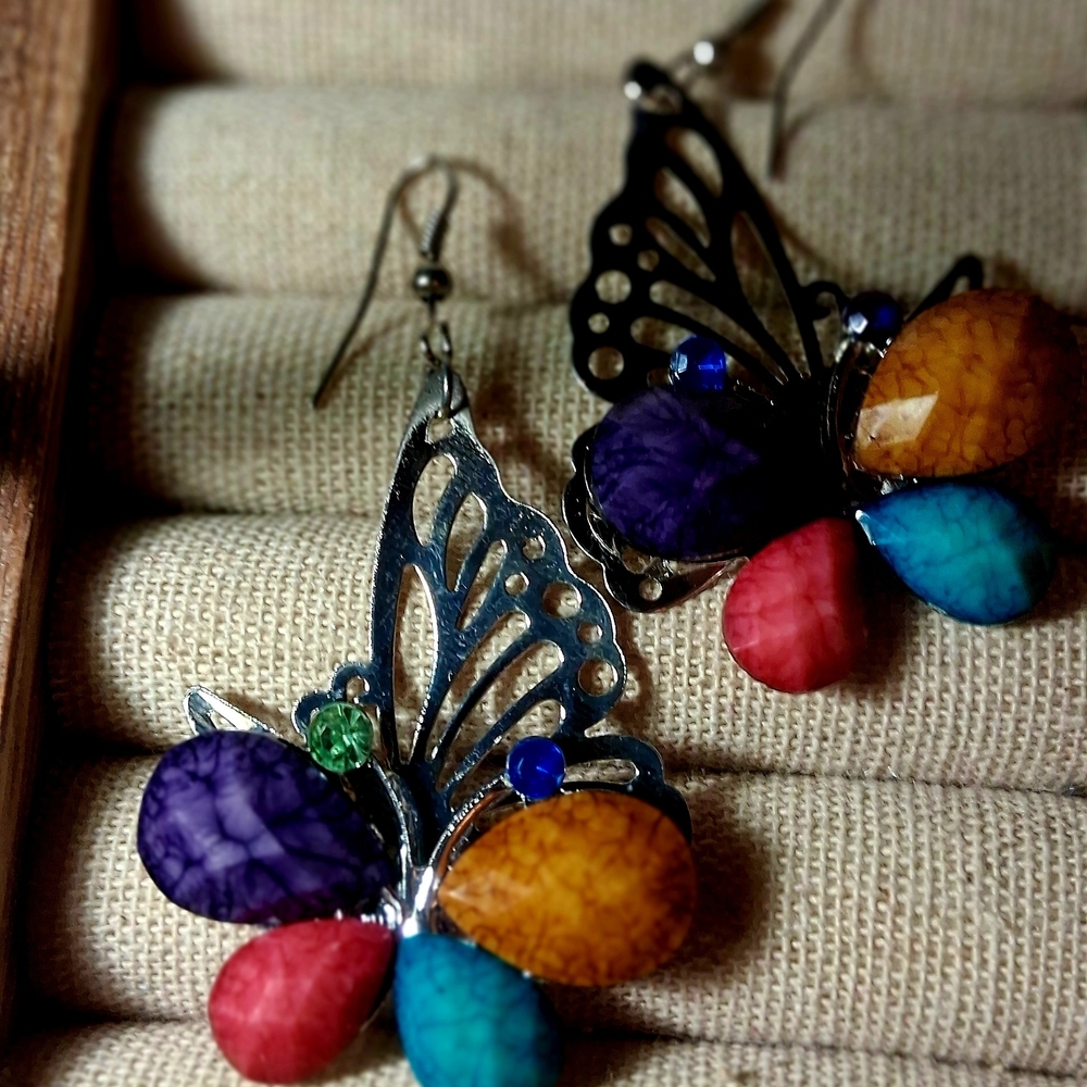 Butterfly Teardrop Multi-Color Stone Earrings - Unbranded